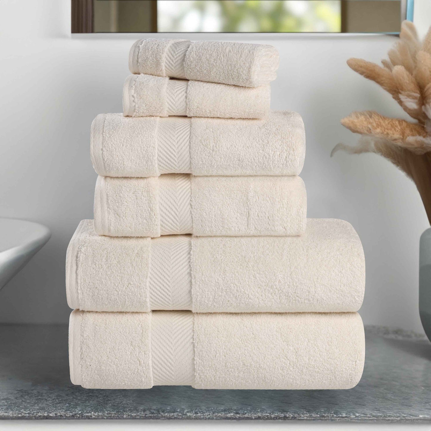 Zero-Twist Cotton Quick-Drying Absorbent Assorted 6 Piece Towel Set - Ivory