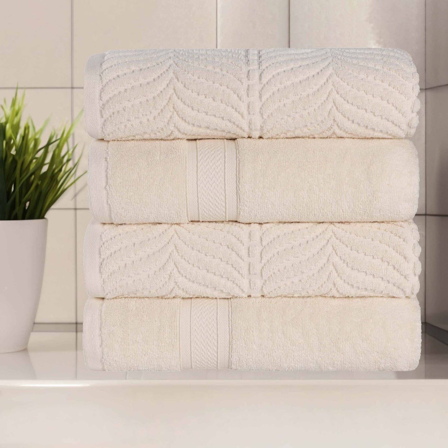 Chevron Zero Twist Solid and Jacquard Soft Cotton Hand Towel Set of 6 - Ivory