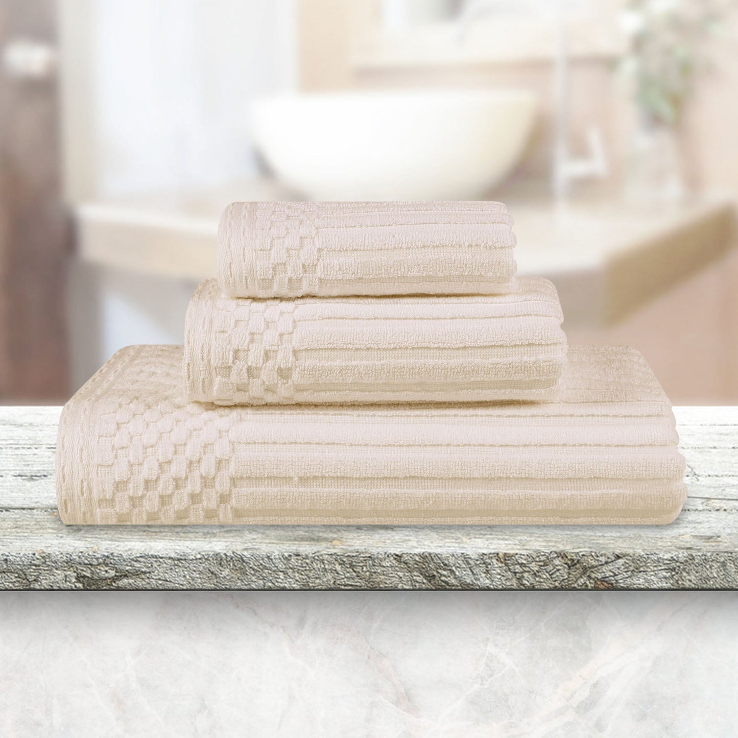 Soho Ribbed Cotton Absorbent 3 Piece Assorted Towel Set - Ivory