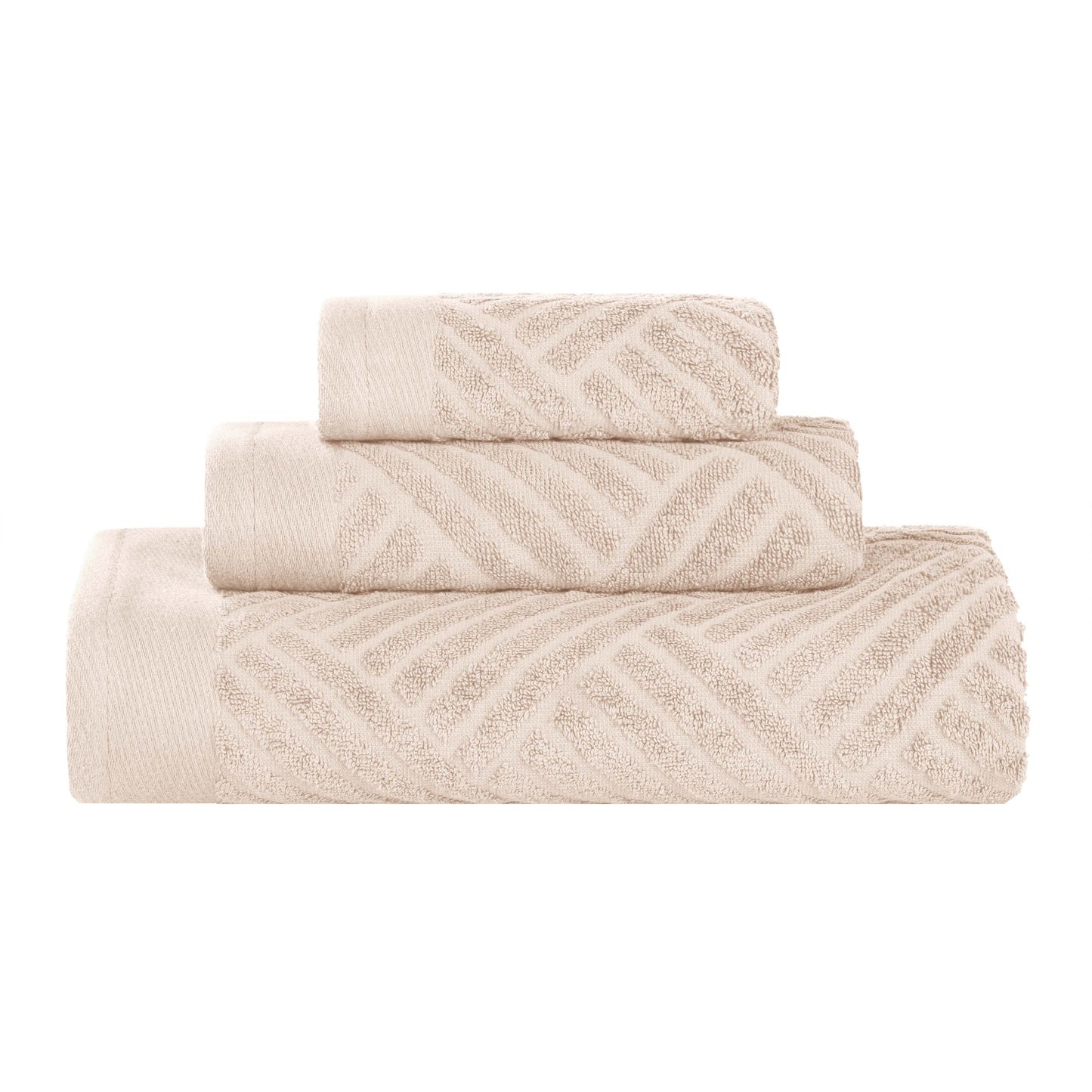 Basketweave Egyptian Cotton Jacquard 3 Piece Assorted Towel Set - Ivory