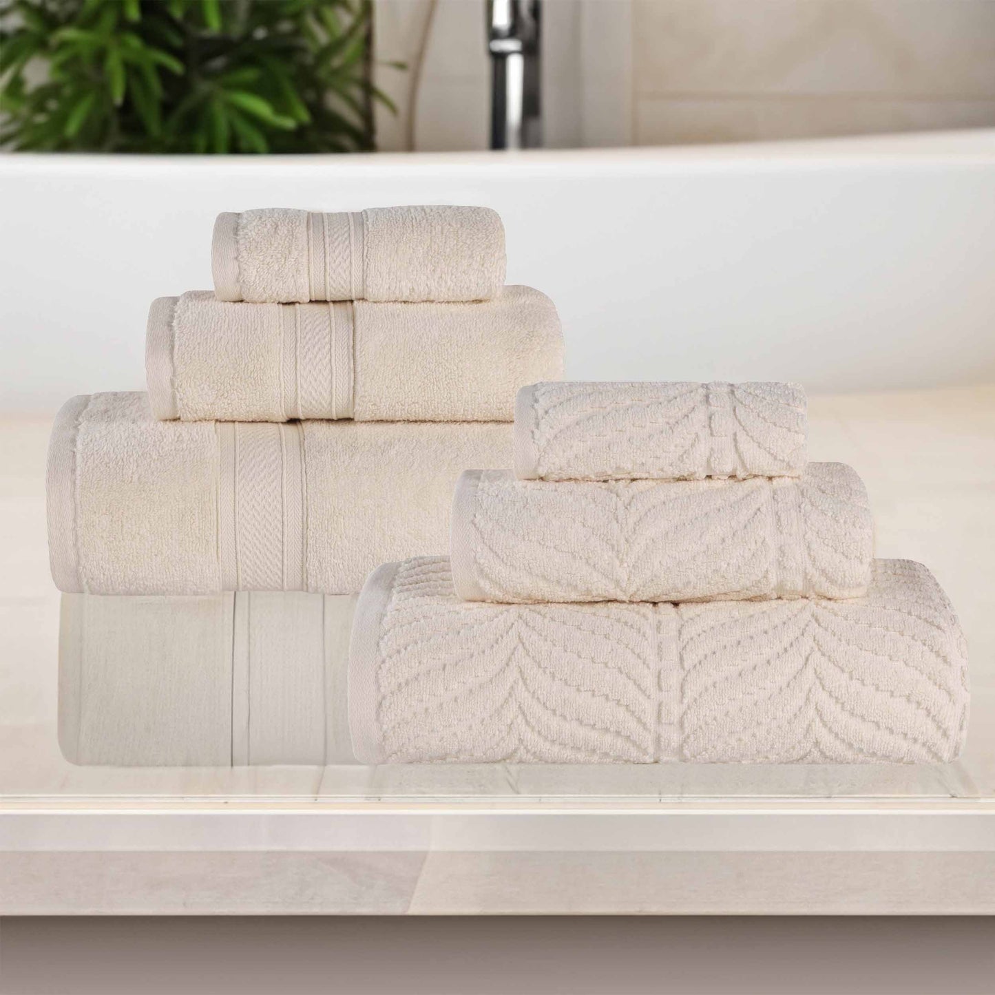 Chevron Zero Twist Solid and Jacquard Soft Cotton 6 Piece Towel Set - Ivory
