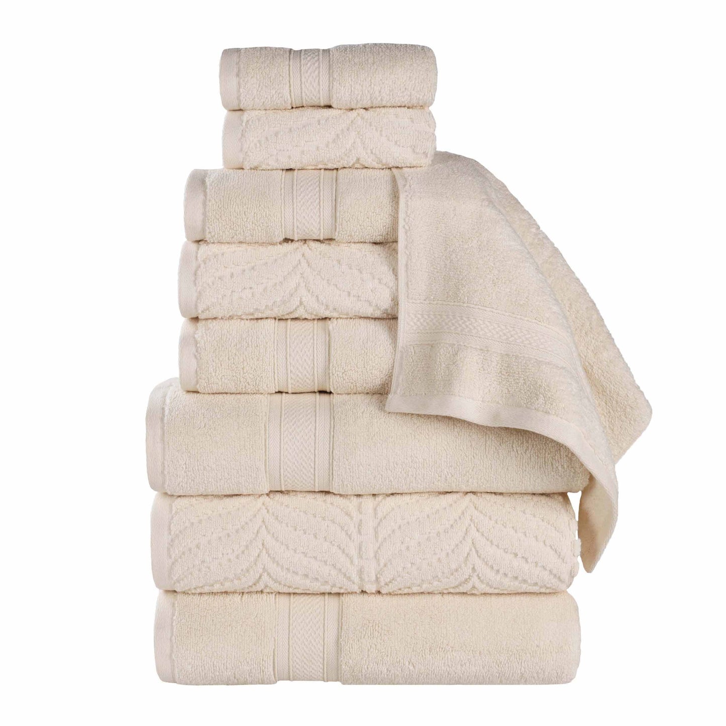 Chevron Zero Twist Solid and Jacquard Cotton 9 Piece Towel Set - Ivory
