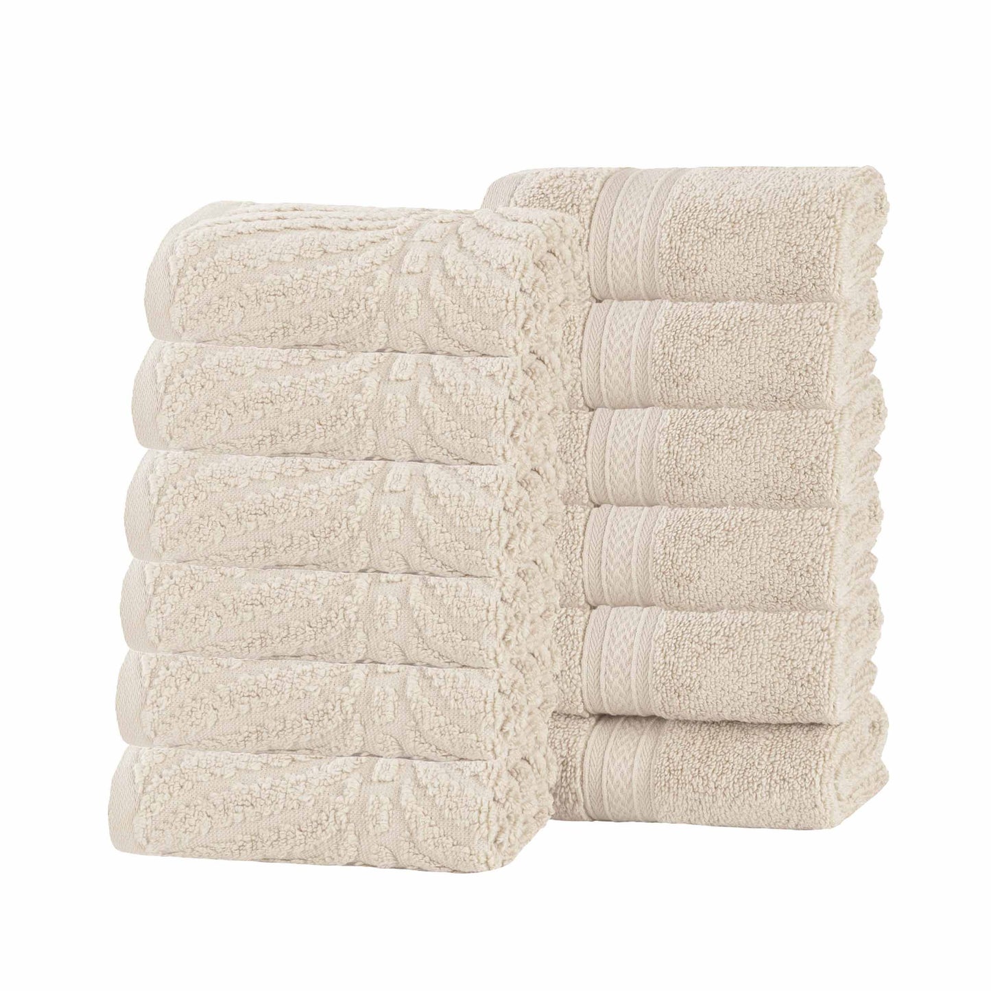 Chevron Zero Twist Solid and Jacquard Soft Cotton Washcloth Set of 12 - Ivory