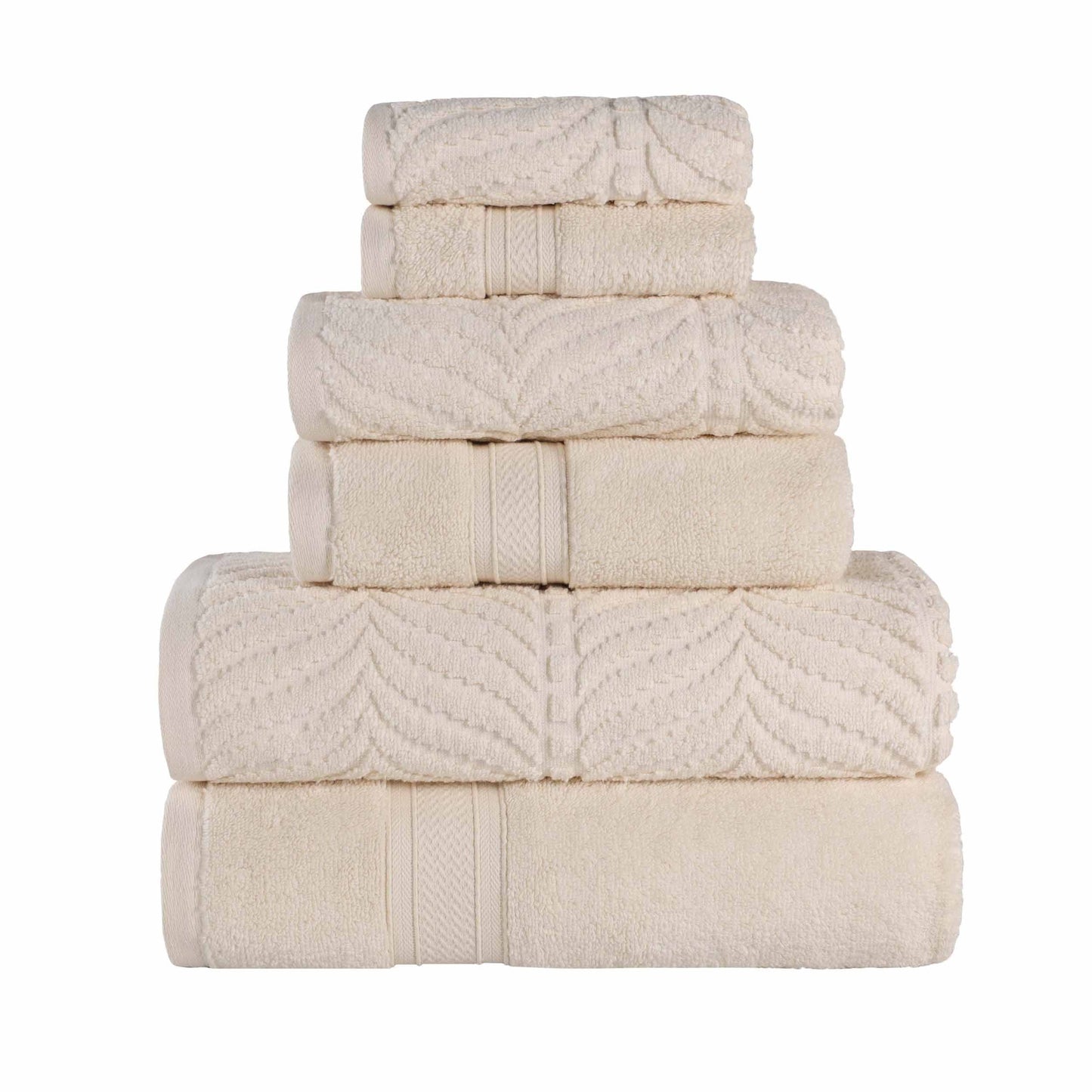 Chevron Zero Twist Solid and Jacquard Soft Cotton 6 Piece Towel Set - Ivory