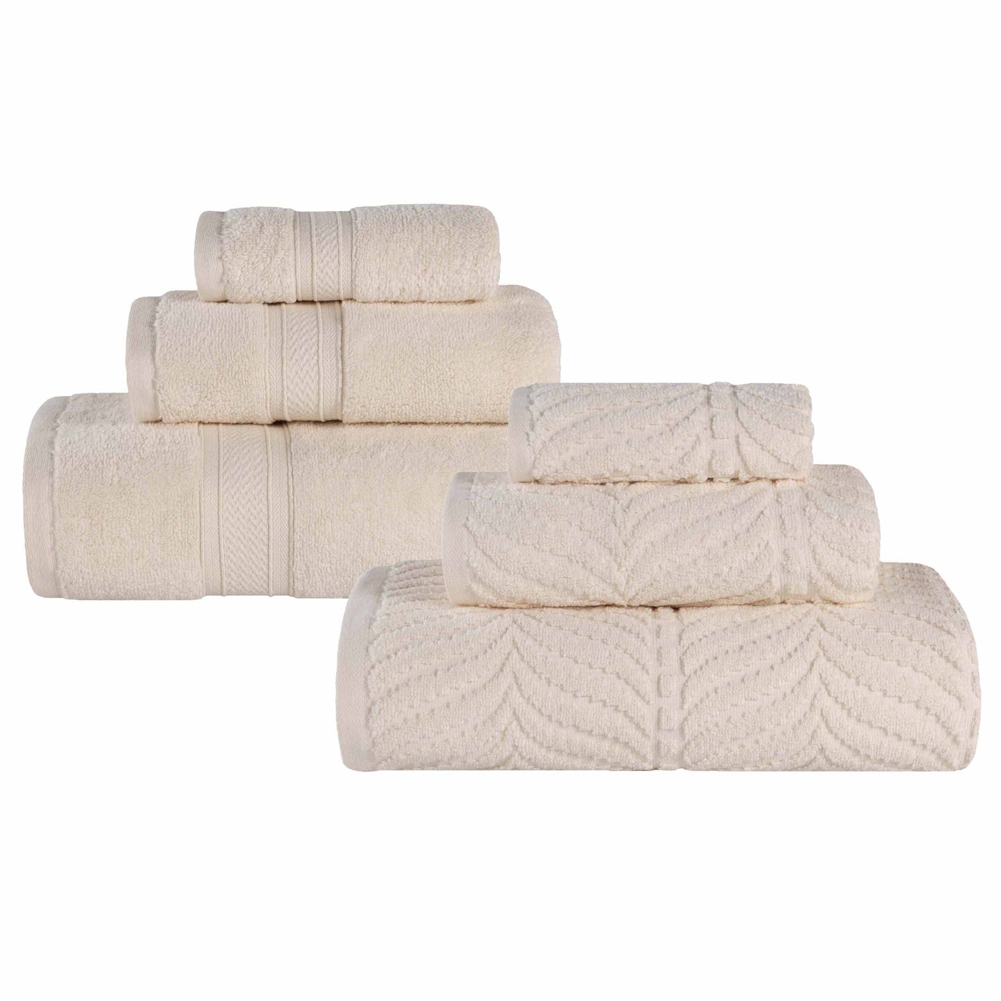 Chevron Zero Twist Solid and Jacquard Soft Cotton 6 Piece Towel Set - Ivory