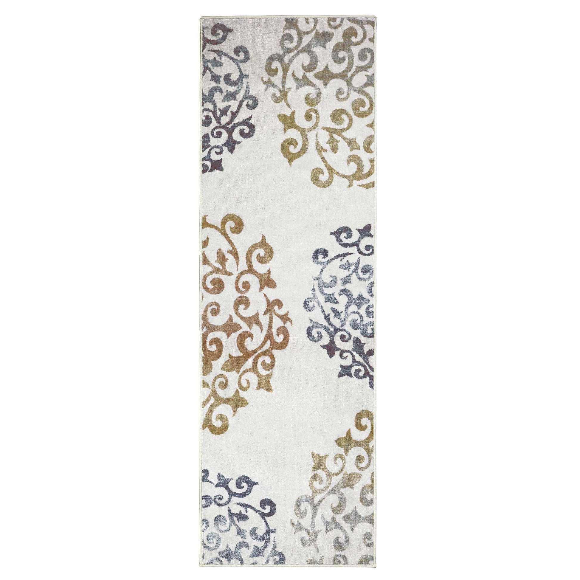 Amber Floral Scroll Medallion Non-Slip Washable Indoor Area Rug or Runner - Ivory