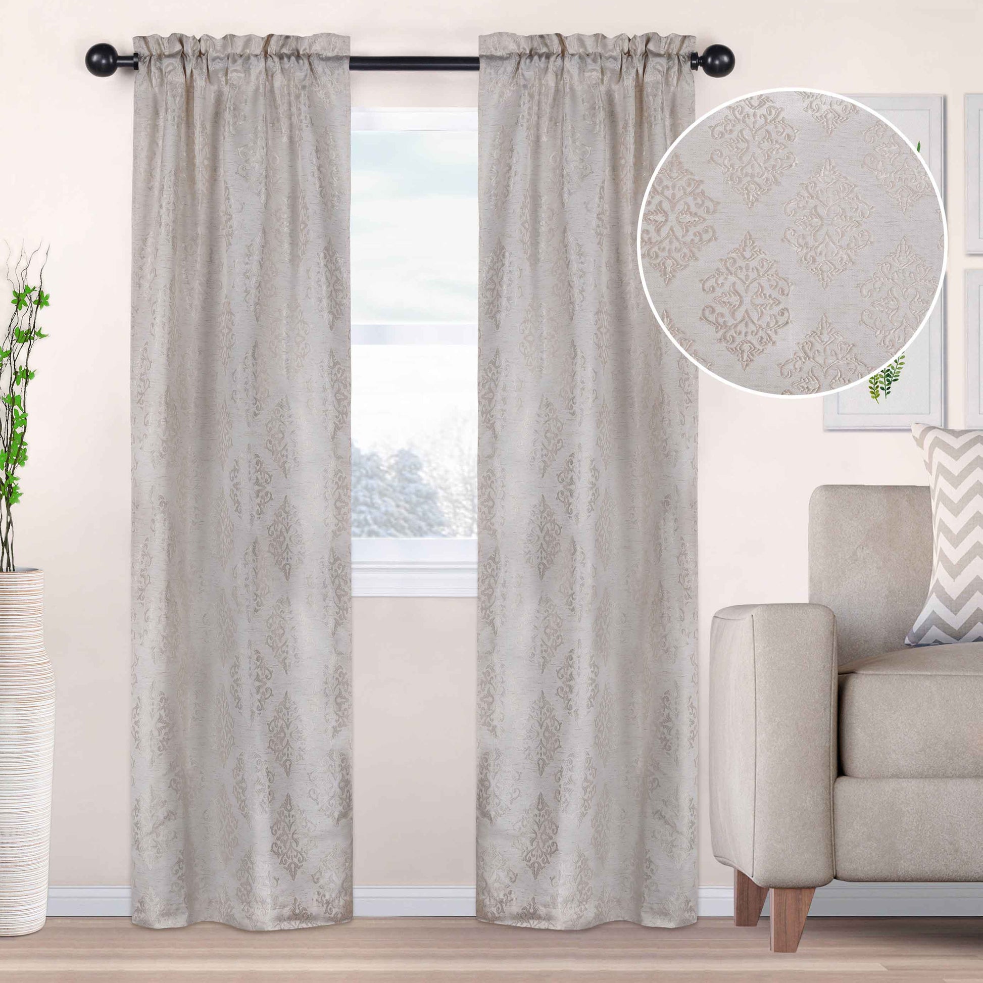 Venetian Damask Jacquard Curtain Panels, Set of 2 - Ivory