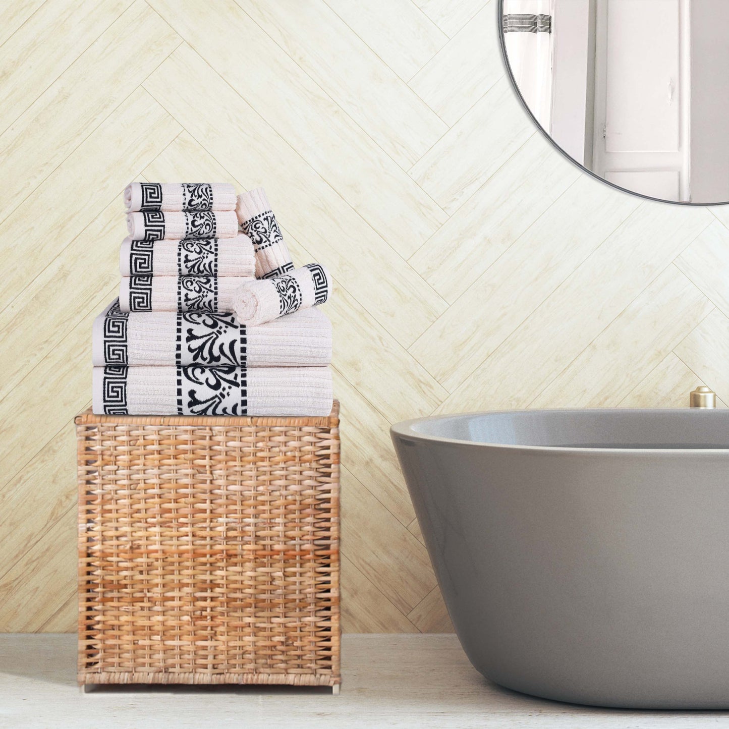 Superior Athens Cotton Greek Key Trim 8 Piece Towel Set - Ivory-Black