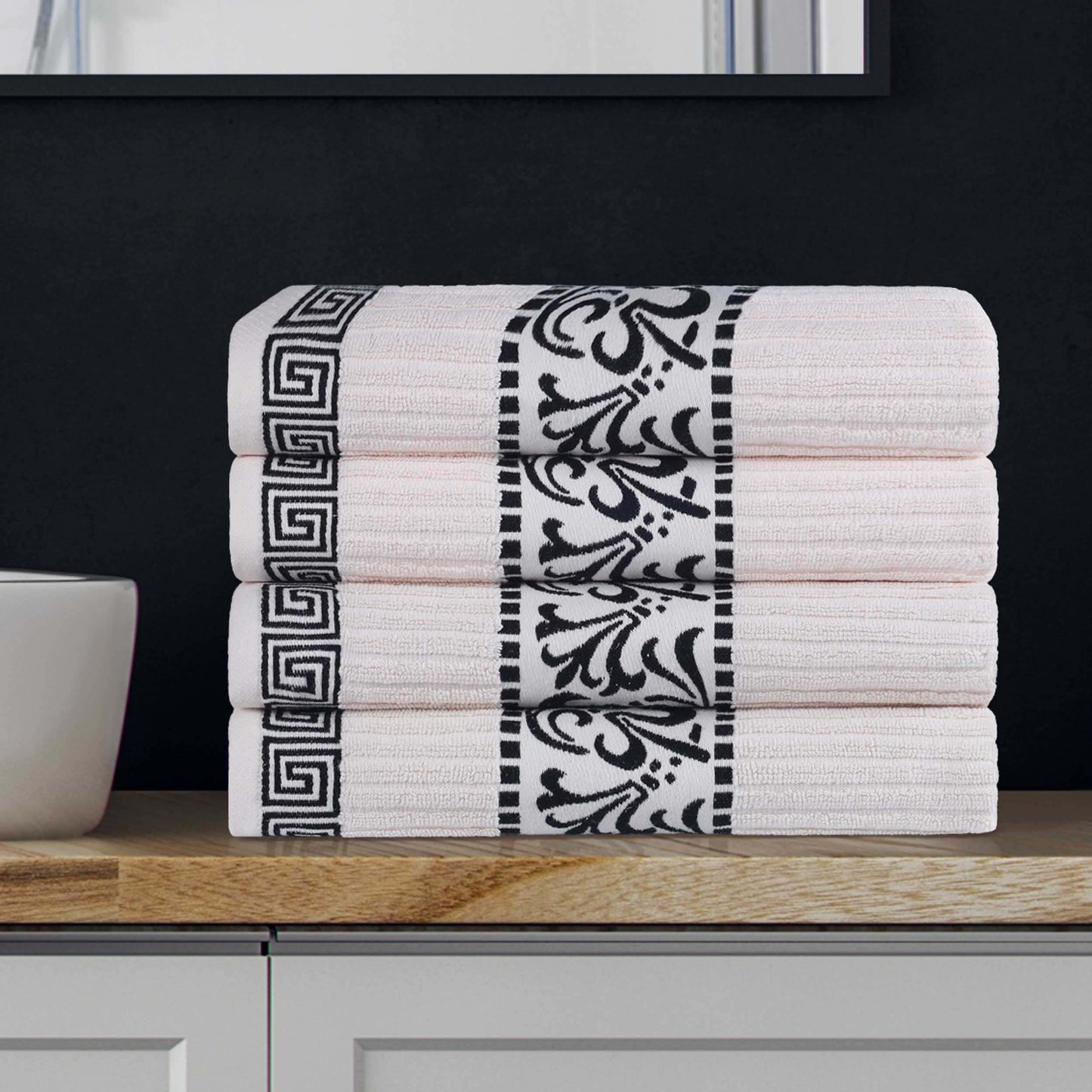 Athens Cotton Greek Key Trim Bath Towel Set of 4 - Ivory-Black