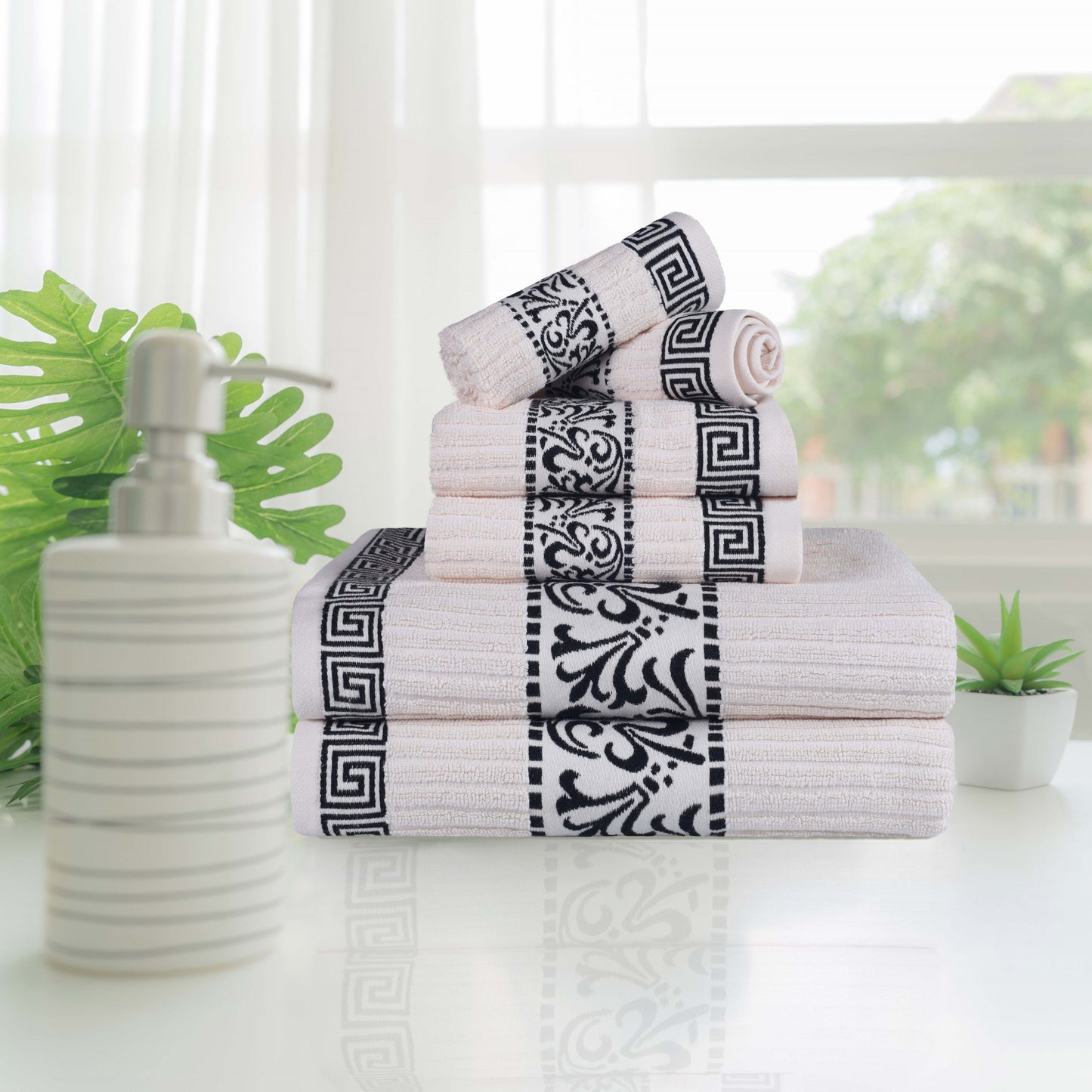 Athens Cotton Medium Weight Floral Greek Key Trim 6 Piece Towel Set - Ivory-Black
