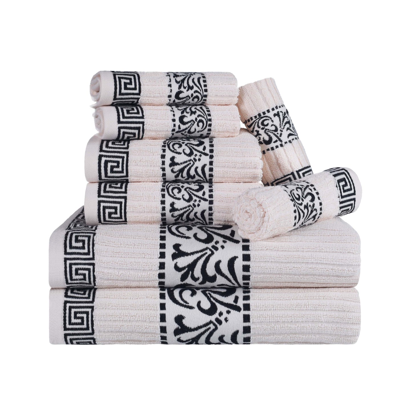 Superior Athens Cotton Greek Key Trim 8 Piece Towel Set - Ivory-Black