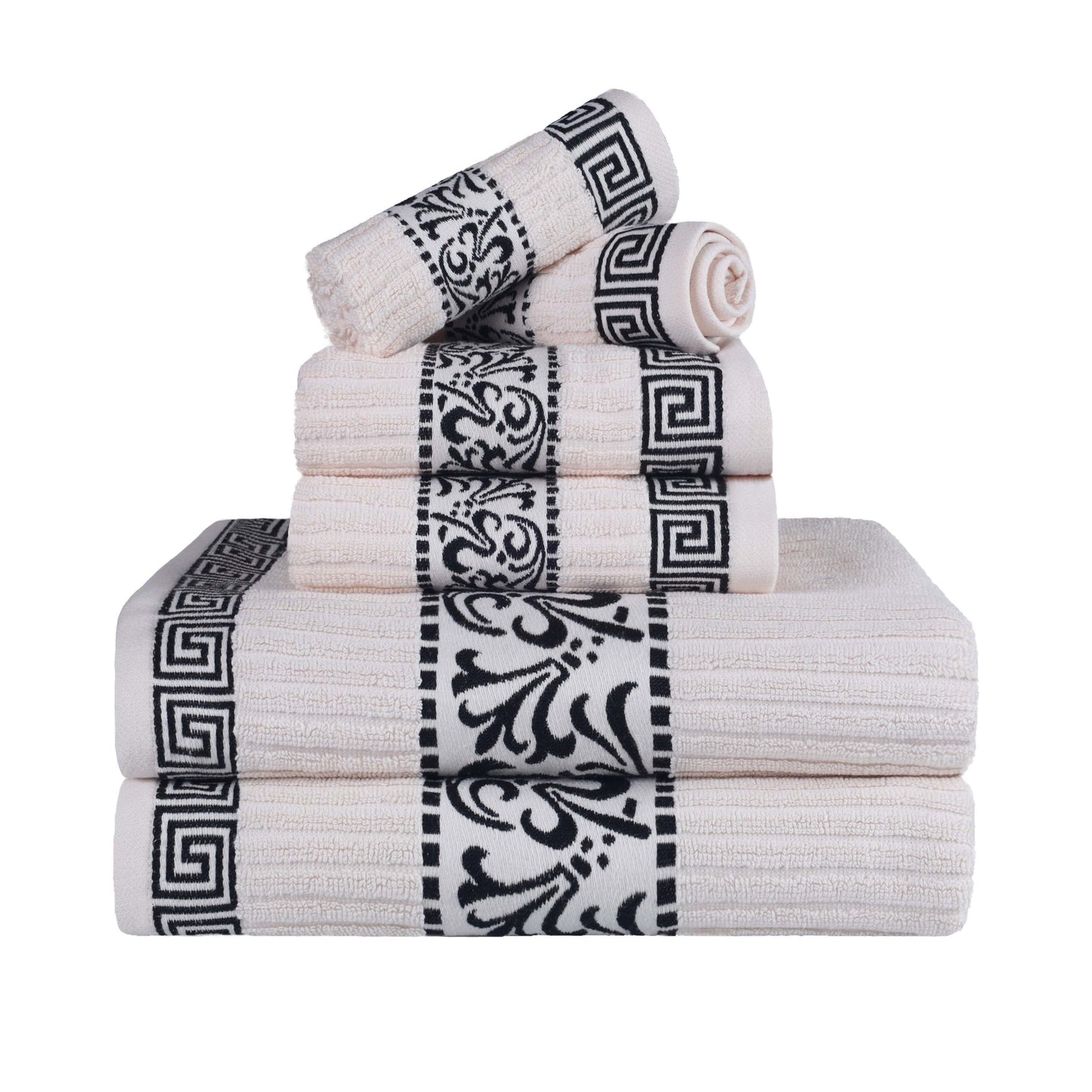 Athens Cotton Medium Weight Floral Greek Key Trim 6 Piece Towel Set - Ivory-Black