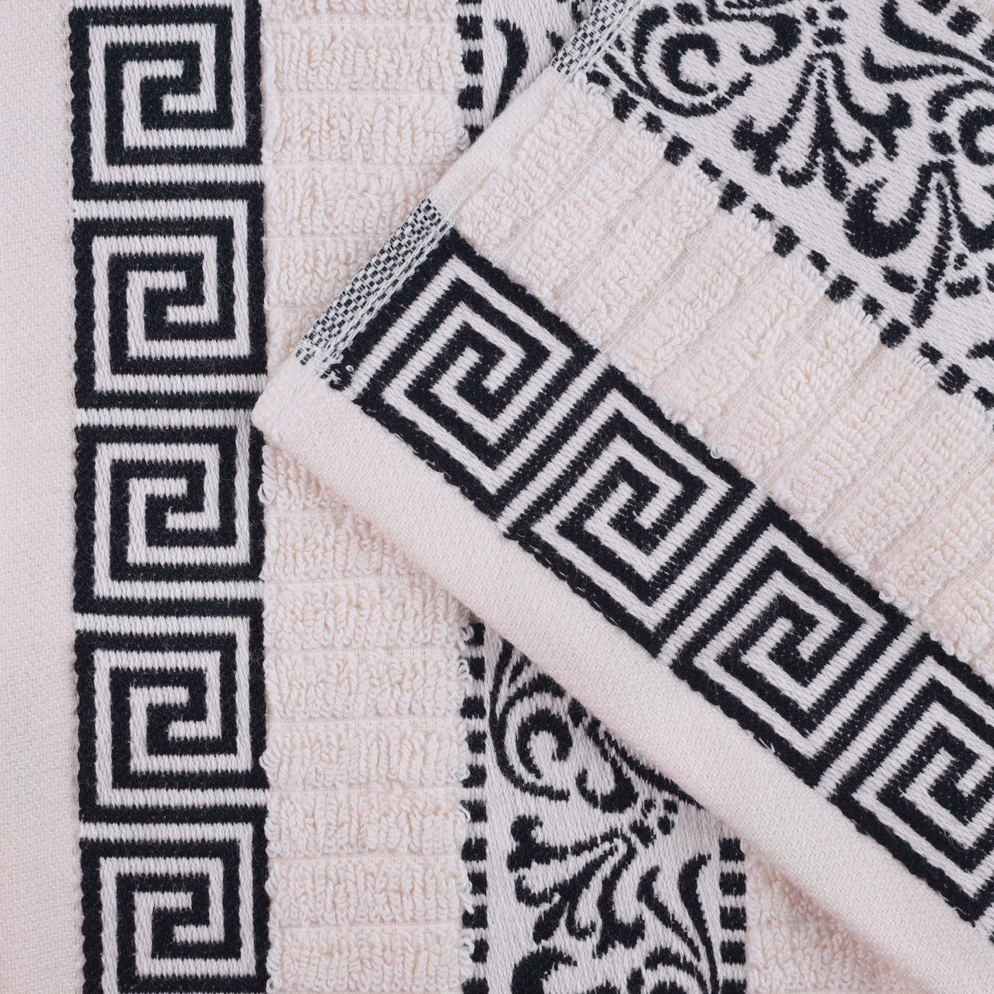 Athens Cotton Greek Key Trim Bath Towel Set of 4 - Ivory-Black