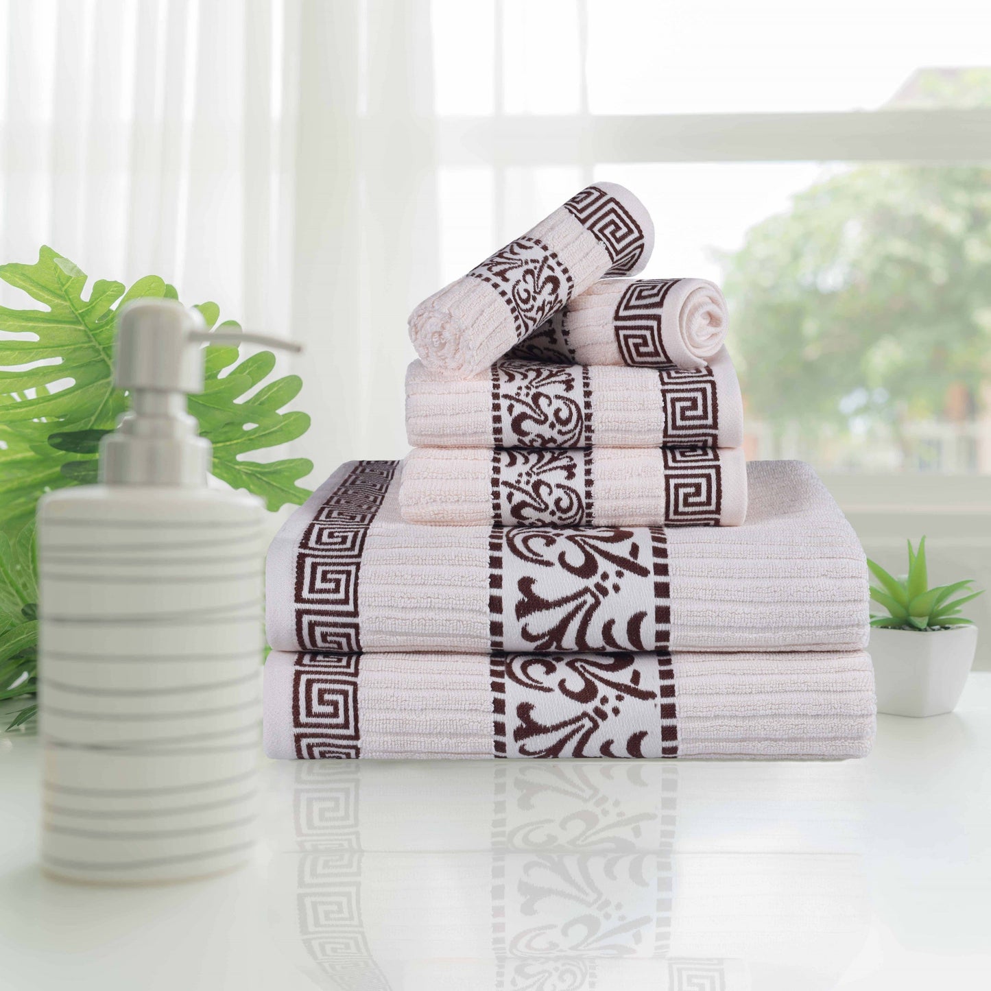 Athens Cotton Medium Weight Floral Greek Key Trim 6 Piece Towel Set - Ivory-Chocolate