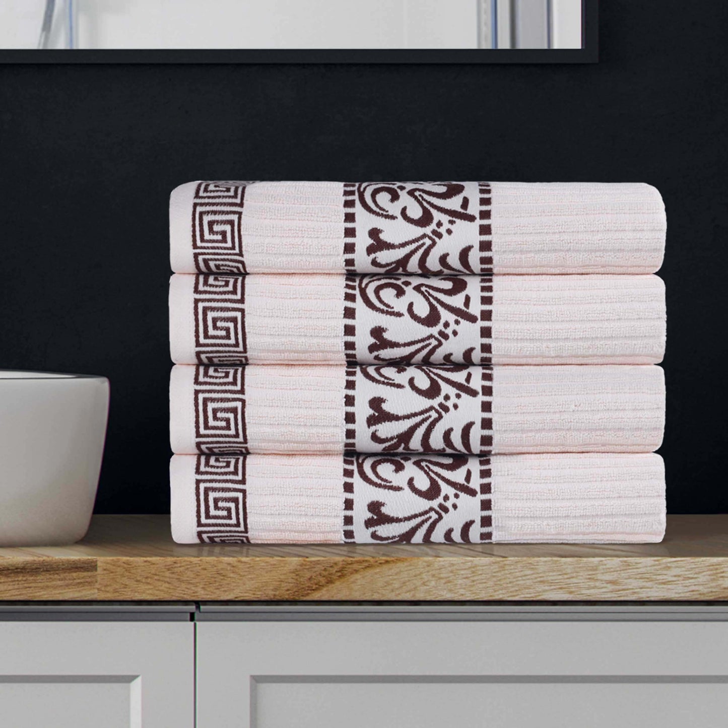Athens Cotton Greek Key Trim Bath Towel Set of 4 - Ivory-Chocolate