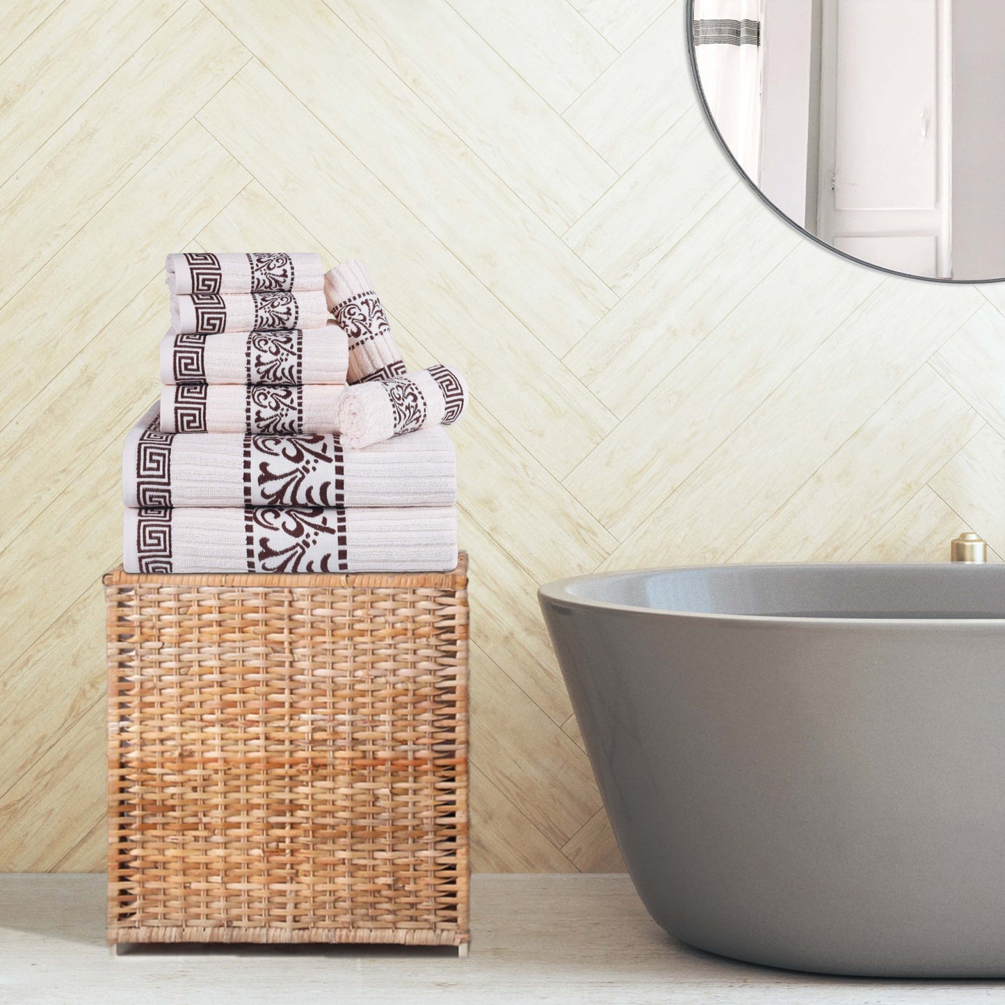 Superior Athens Cotton Greek Key Trim 8 Piece Towel Set - Ivory-Chocolate
