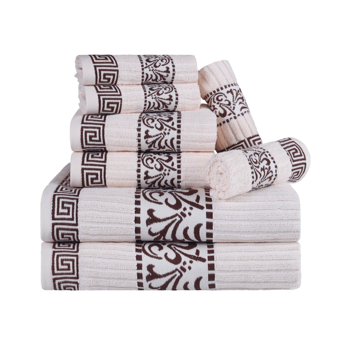 Superior Athens Cotton Greek Key Trim 8 Piece Towel Set - Ivory-Chocolate