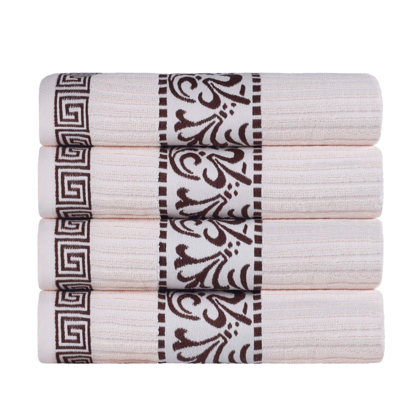 Athens Cotton Greek Key Trim Bath Towel Set of 4 - Ivory-Chocolate