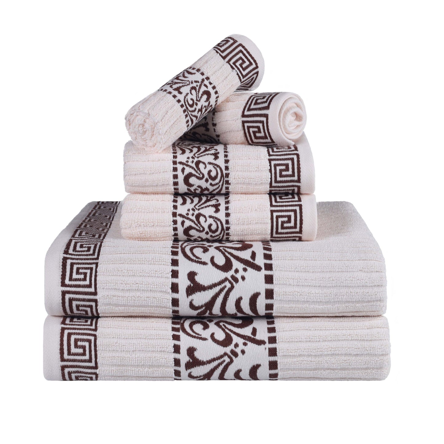 Athens Cotton Medium Weight Floral Greek Key Trim 6 Piece Towel Set - Ivory-Chocolate