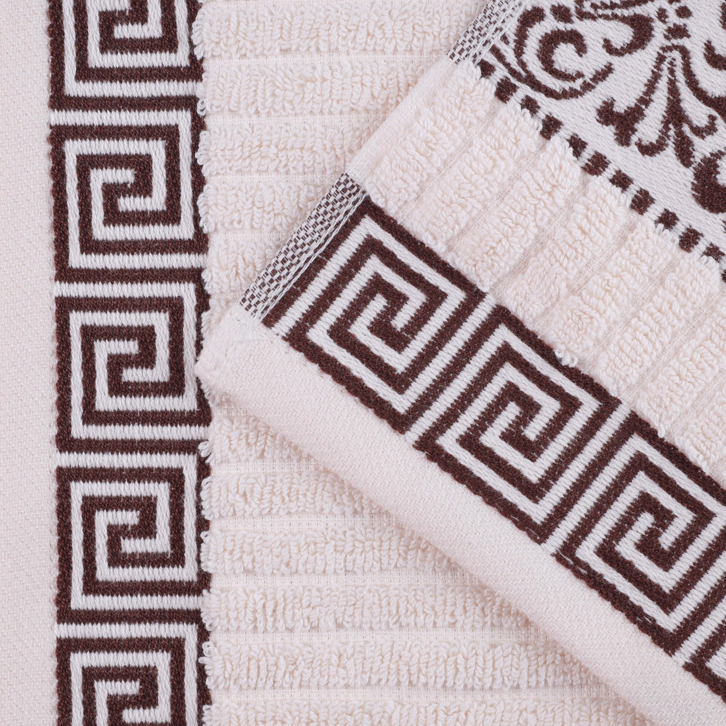 Athens Cotton Greek Key Trim Bath Towel Set of 4 - Ivory-Chocolate