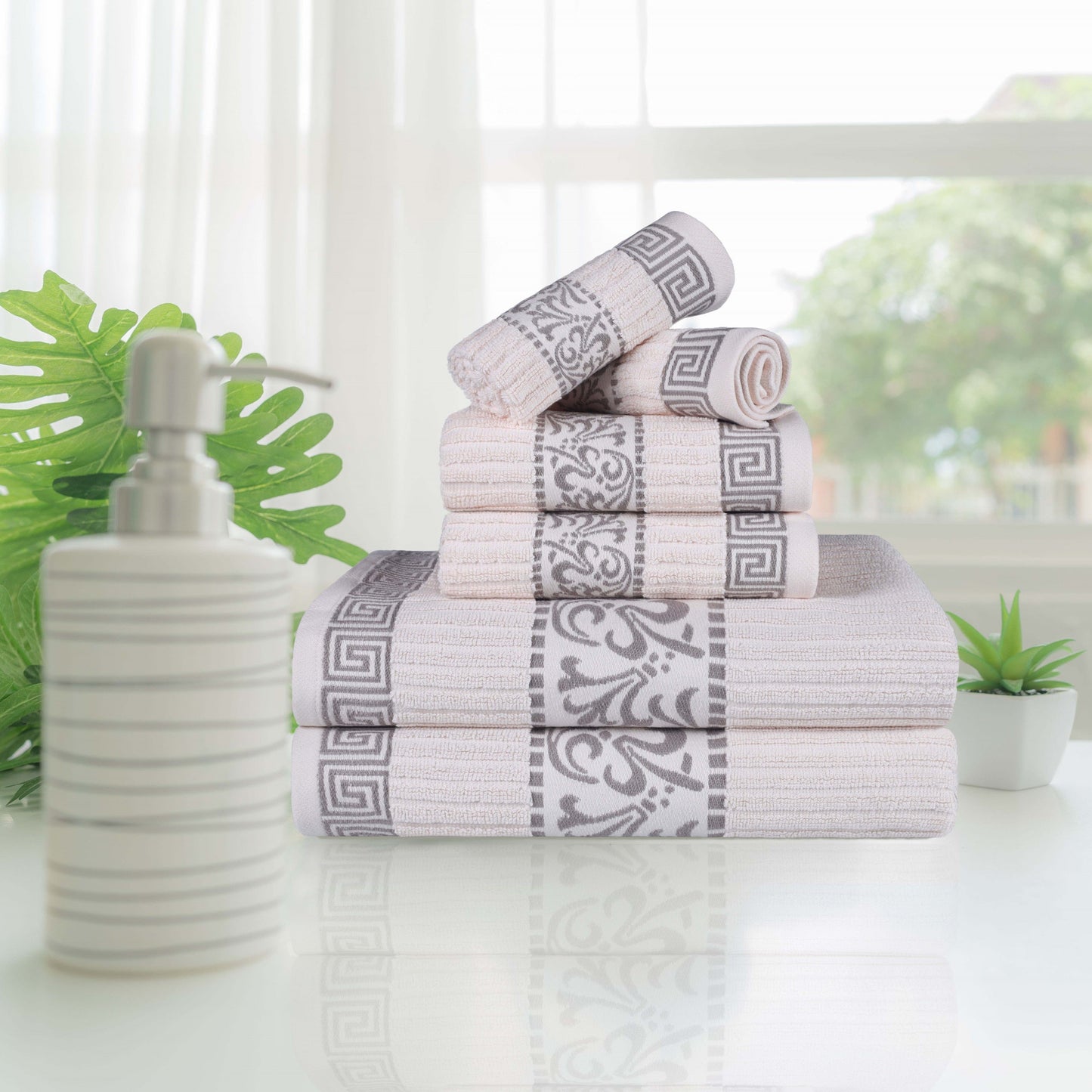 Athens Cotton Medium Weight Floral Greek Key Trim 6 Piece Towel Set - Ivory-Chrome