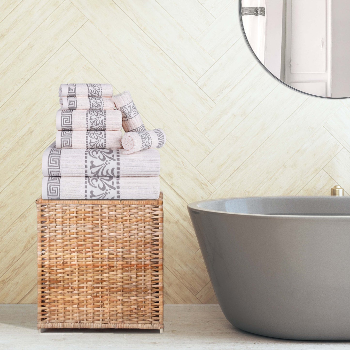 Superior Athens Cotton Greek Key Trim 8 Piece Towel Set - Ivory-Chrome