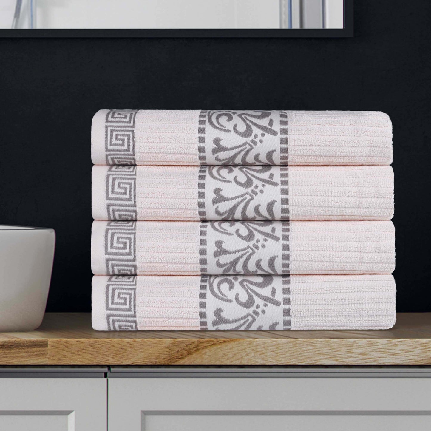 Athens Cotton Greek Key Trim Bath Towel Set of 4 - Ivory-Chrome