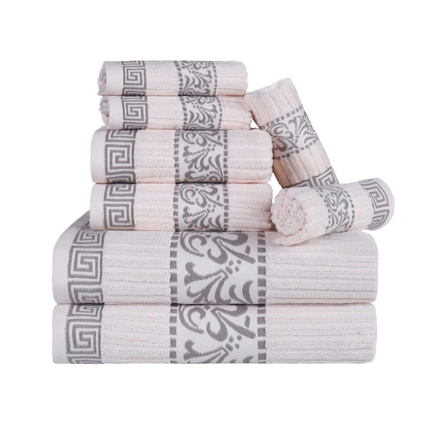 Superior Athens Cotton Greek Key Trim 8 Piece Towel Set - Ivory-Chrome