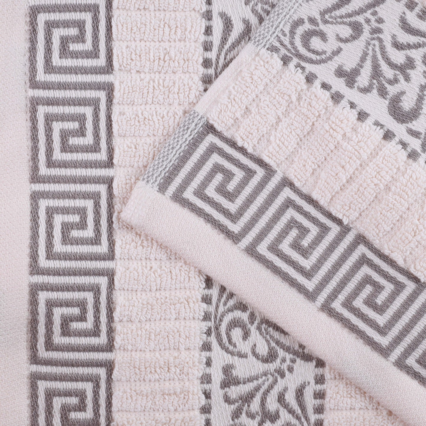 Athens Cotton Medium Weight Floral Greek Key Trim 6 Piece Towel Set - Ivory-Chrome