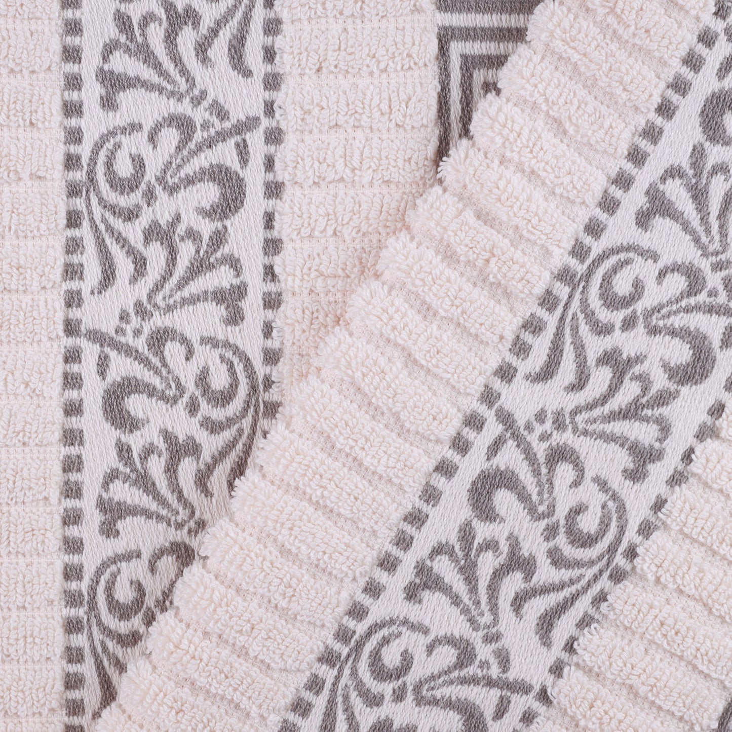 Athens Cotton Medium Weight Floral Greek Key Trim 6 Piece Towel Set - Ivory-Chrome