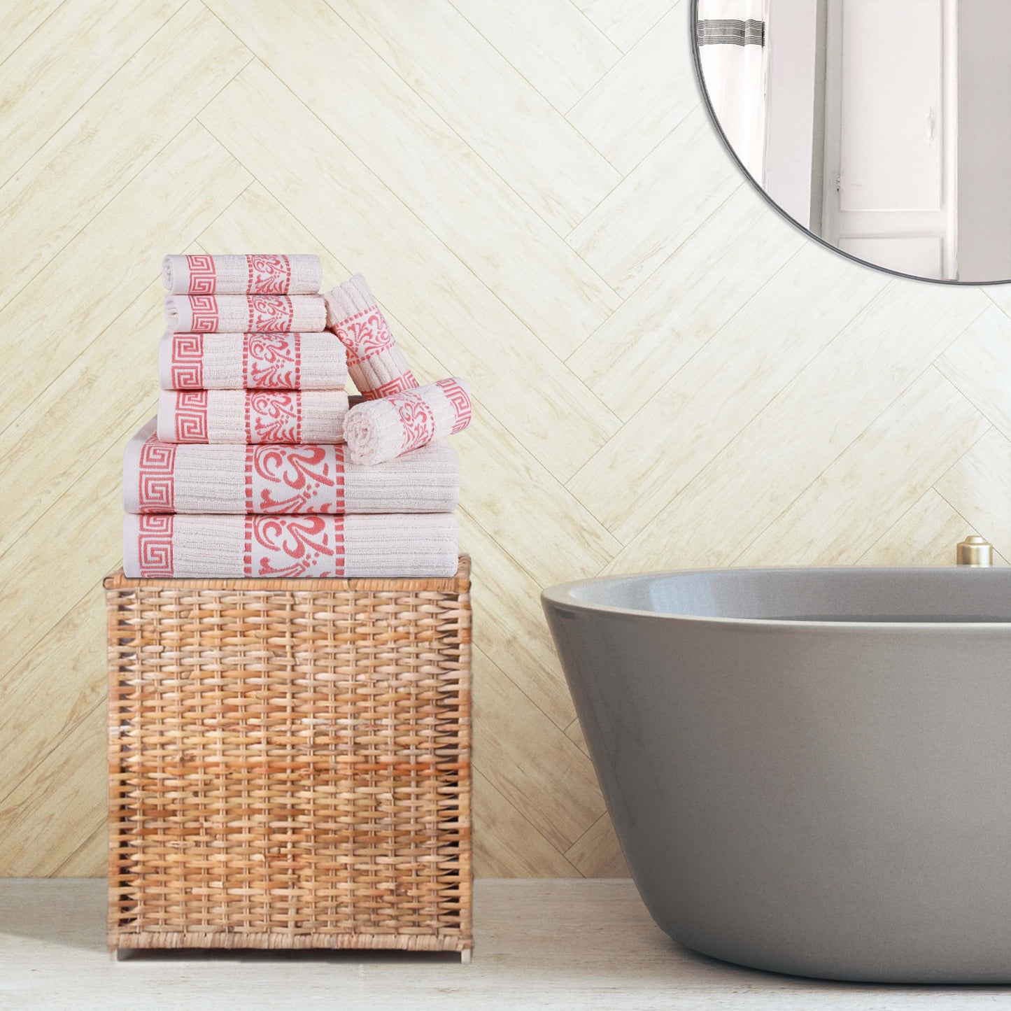 Superior Athens Cotton Greek Key Trim 8 Piece Towel Set - Ivory-Coral