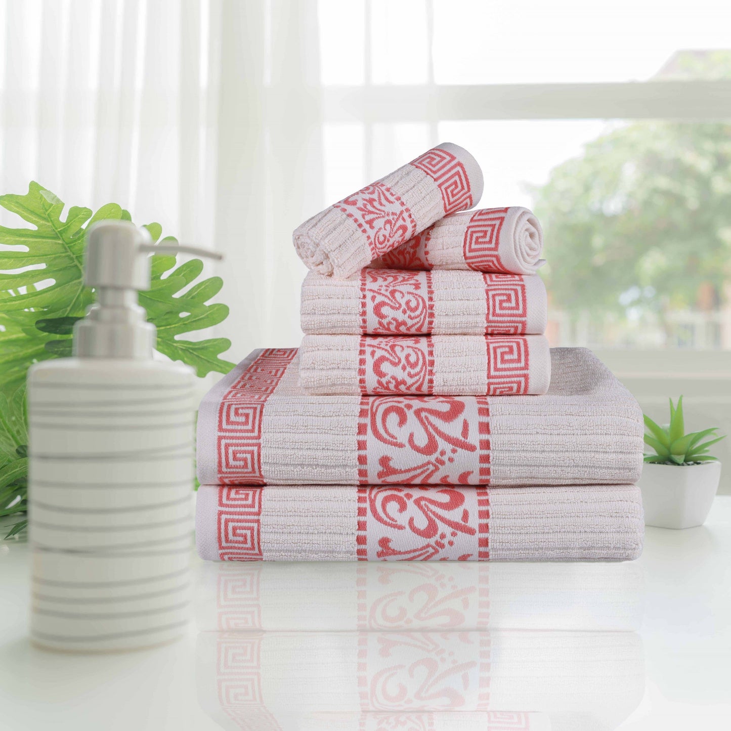 Athens Cotton Medium Weight Floral Greek Key Trim 6 Piece Towel Set - Ivory-Coral