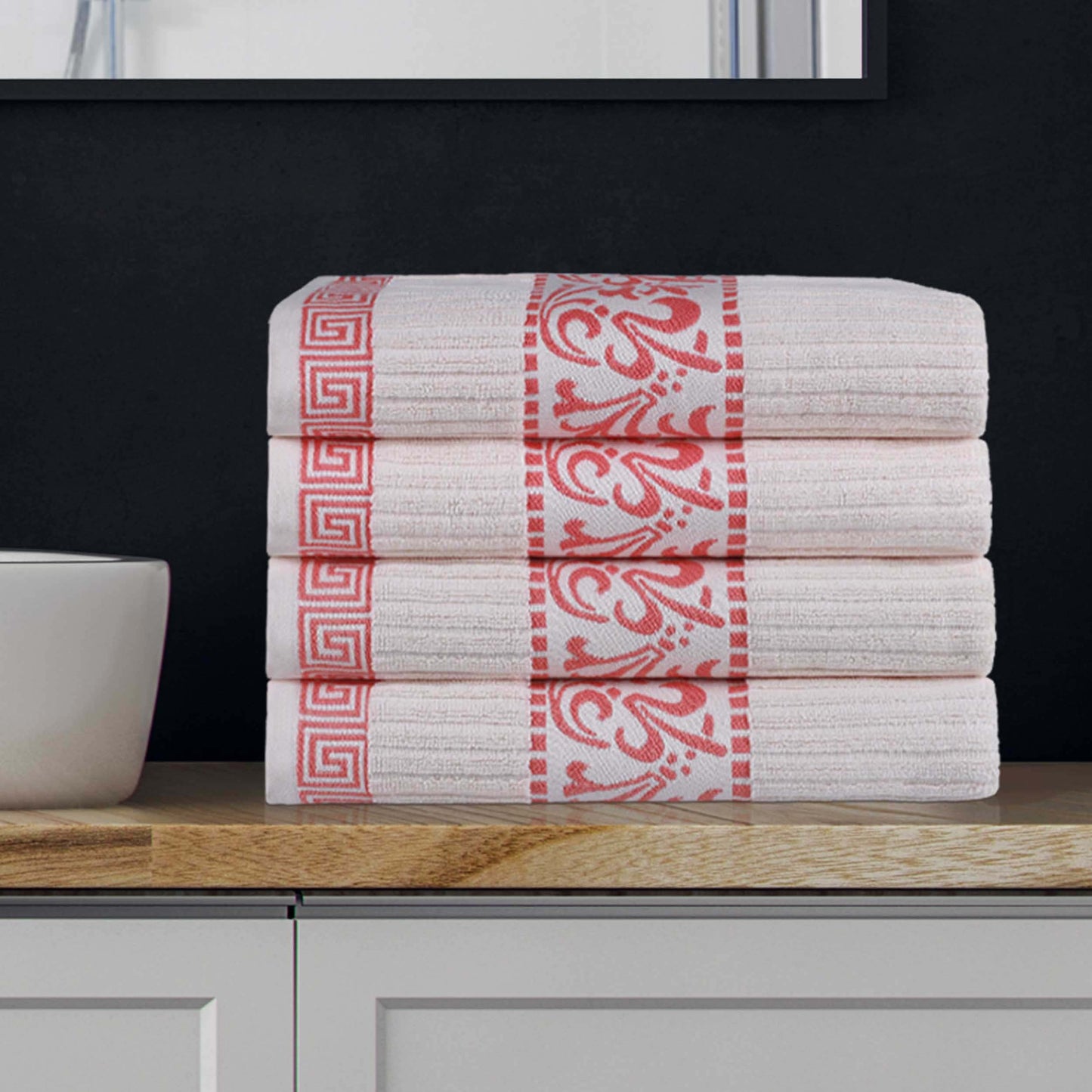 Athens Cotton Greek Key Trim Bath Towel Set of 4 - Ivory-Coral