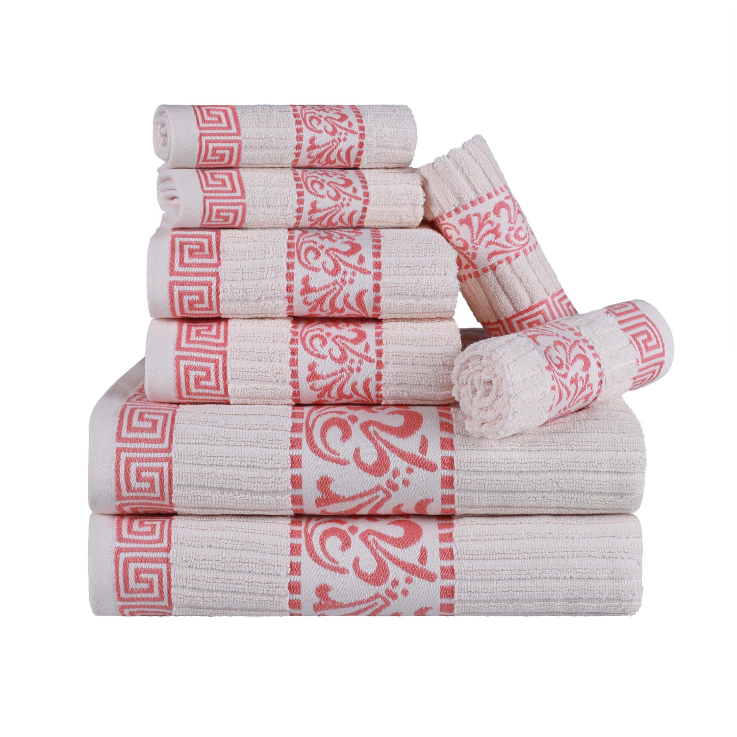 Superior Athens Cotton Greek Key Trim 8 Piece Towel Set - Ivory-Coral