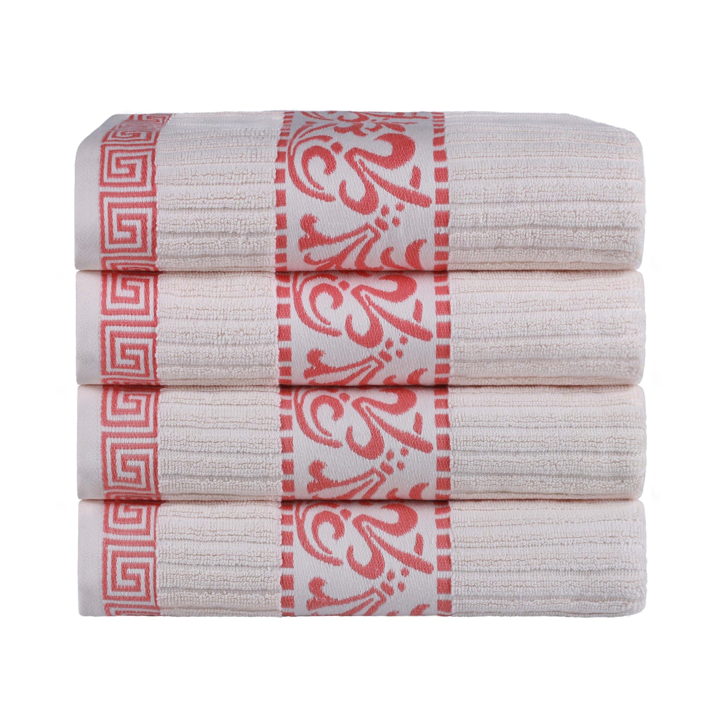 Athens Cotton Greek Key Trim Bath Towel Set of 4 - Ivory-Coral