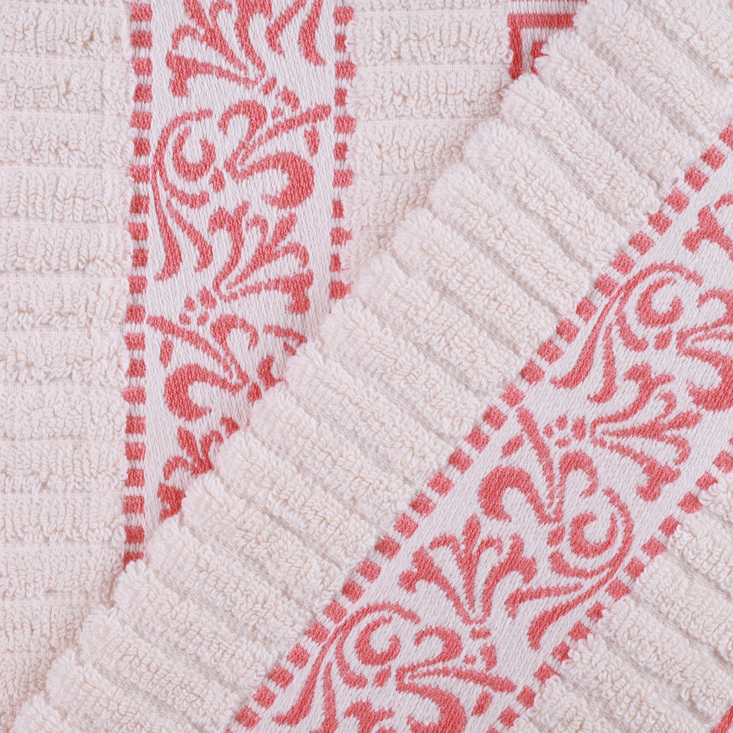 Athens Cotton Medium Weight Floral Greek Key Trim 6 Piece Towel Set - Ivory-Coral