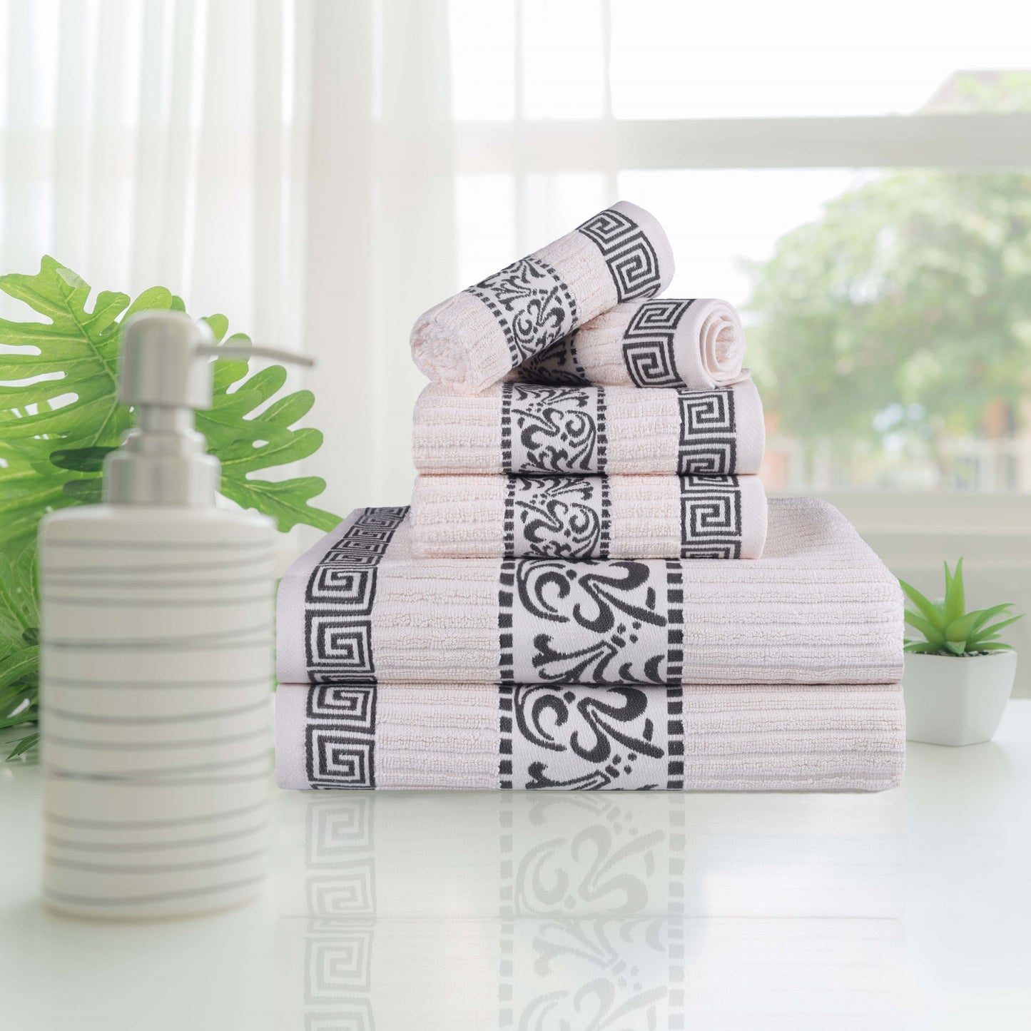 Athens Cotton Medium Weight Floral Greek Key Trim 6 Piece Towel Set - Ivory-Gray