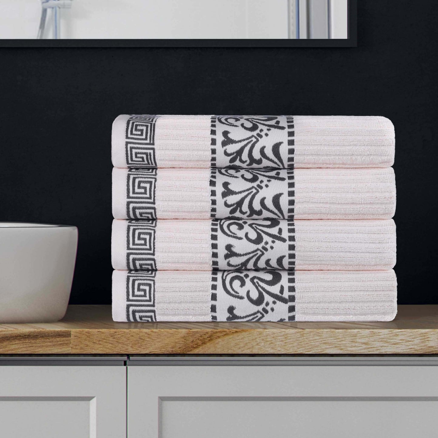 Athens Cotton Greek Key Trim Bath Towel Set of 4 - Ivory-Gray