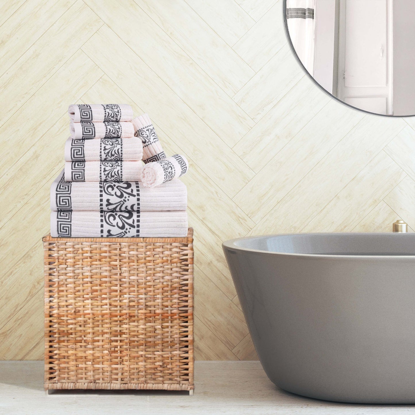 Superior Athens Cotton Greek Key Trim 8 Piece Towel Set - Ivory-Gray