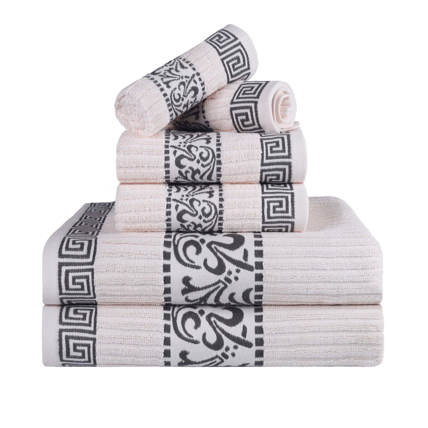 Athens Cotton Medium Weight Floral Greek Key Trim 6 Piece Towel Set - Ivory-Gray