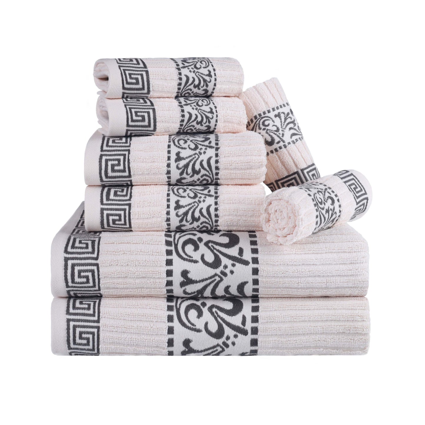 Superior Athens Cotton Greek Key Trim 8 Piece Towel Set - Ivory-Gray