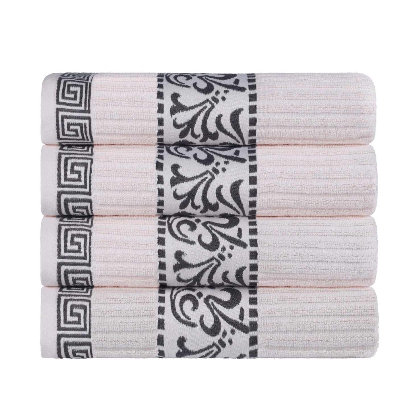 Athens Cotton Greek Key Trim Bath Towel Set of 4 - Ivory-Gray