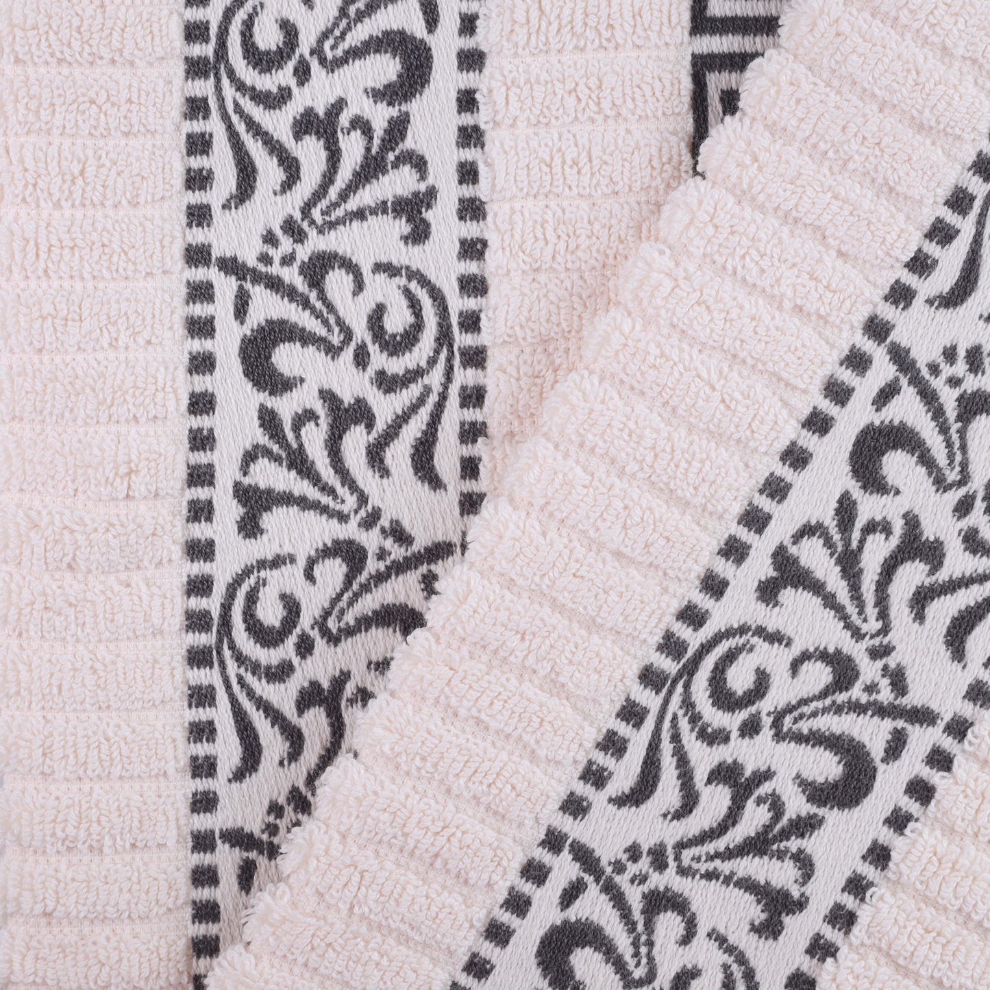 Athens Cotton Medium Weight Floral Greek Key Trim 6 Piece Towel Set - Ivory-Gray