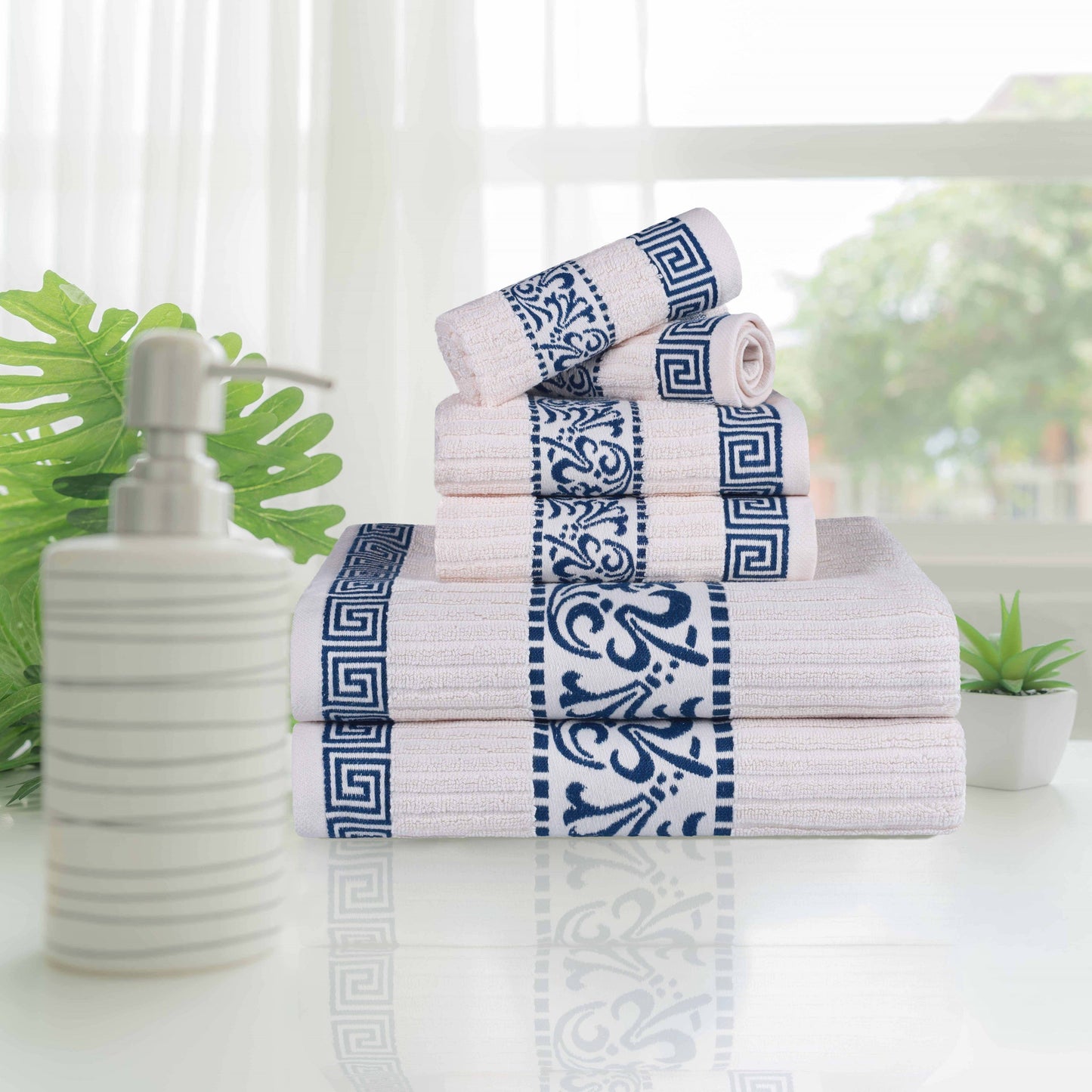 Athens Cotton Medium Weight Floral Greek Key Trim 6 Piece Towel Set - Ivory-NavyBlue