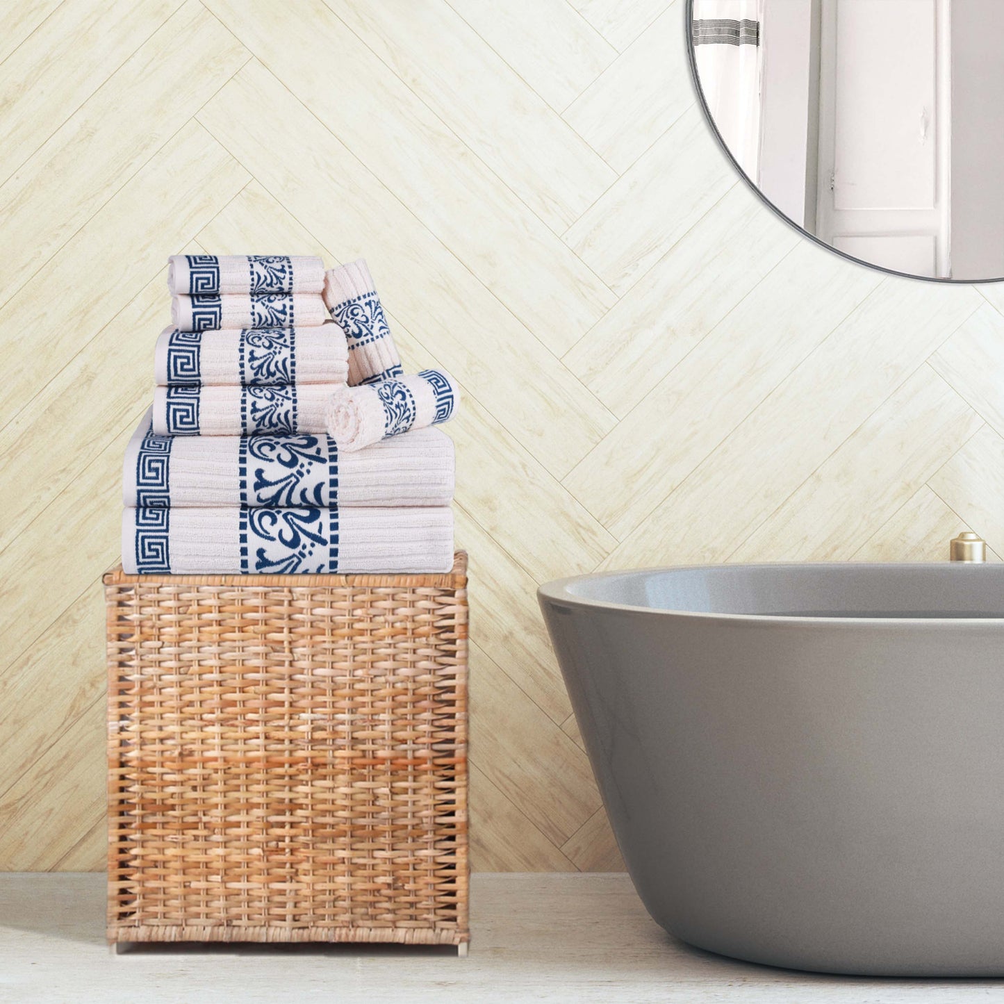 Superior Athens Cotton Greek Key Trim 8 Piece Towel Set - Ivory-NavyBlue