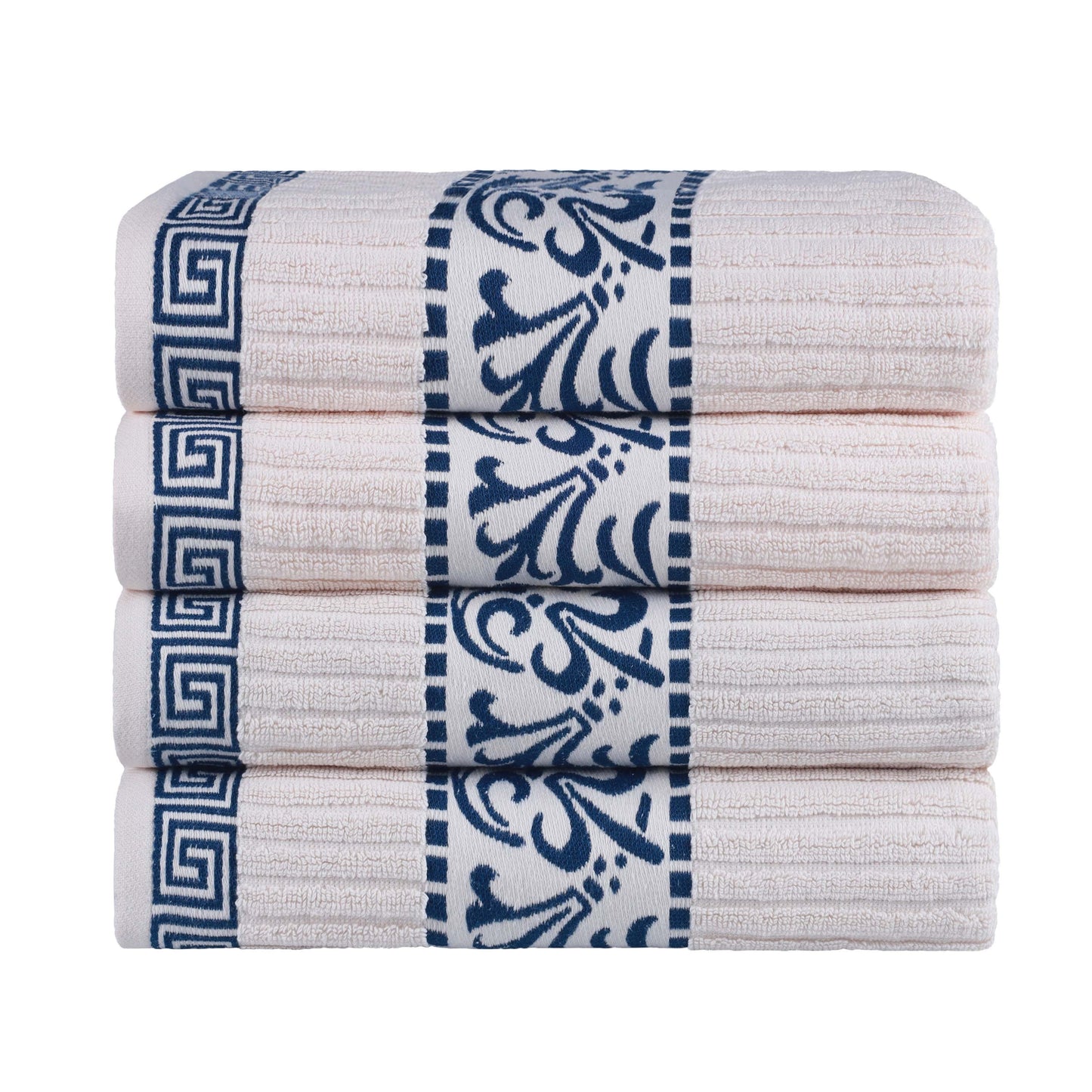 Athens Cotton Greek Key Trim Bath Towel Set of 4 - Ivory-NavyBlue