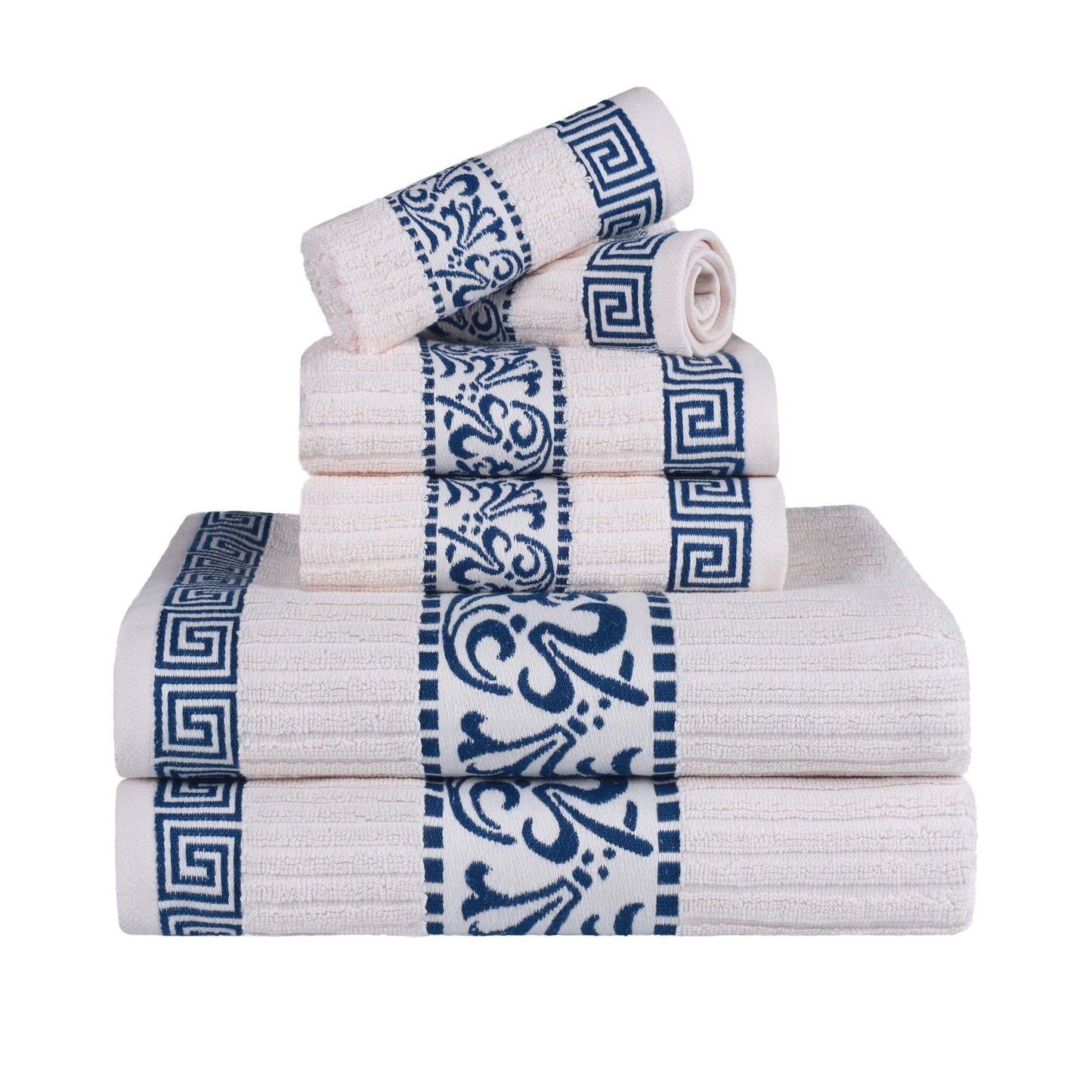Athens Cotton Medium Weight Floral Greek Key Trim 6 Piece Towel Set - Ivory-NavyBlue