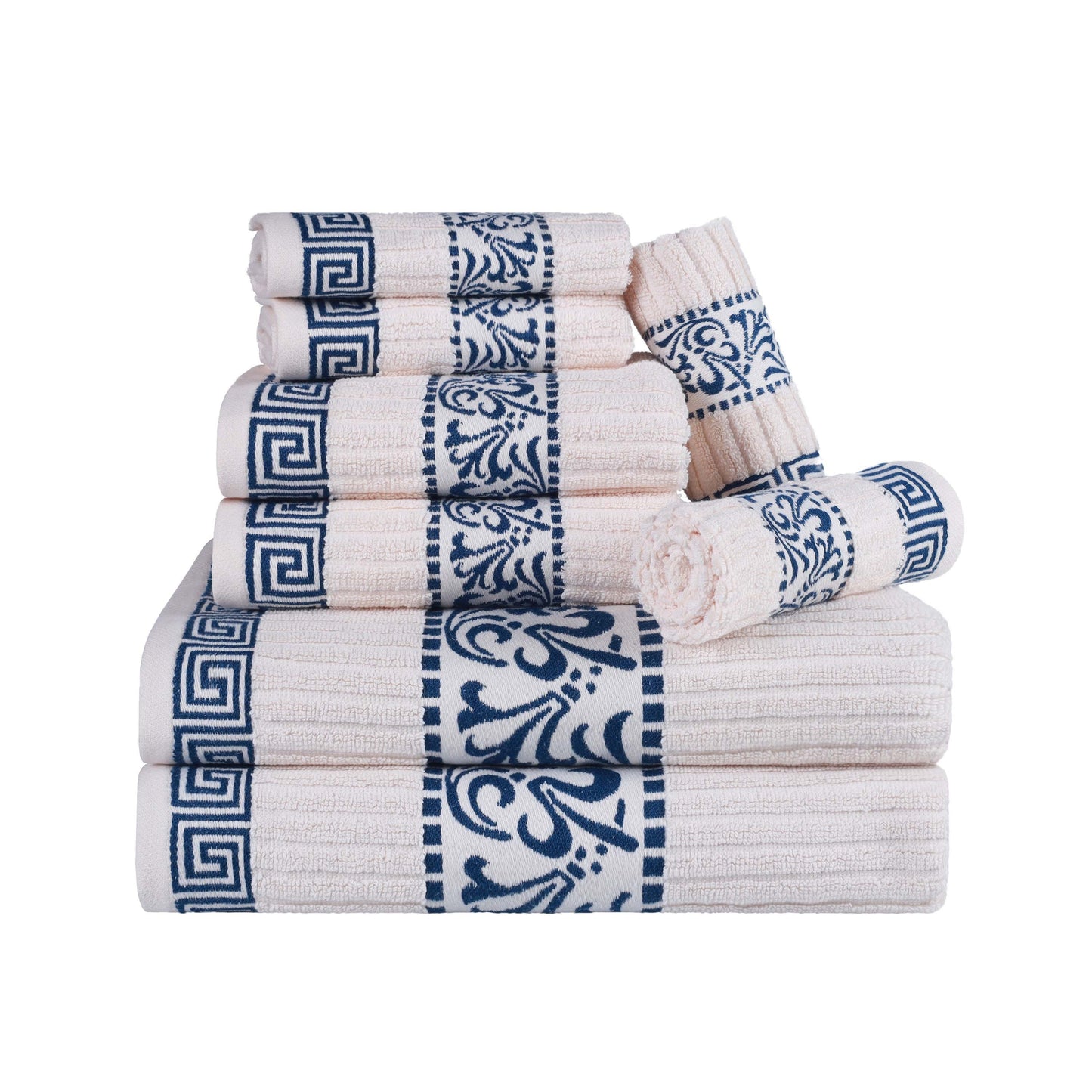 Superior Athens Cotton Greek Key Trim 8 Piece Towel Set - Ivory-NavyBlue