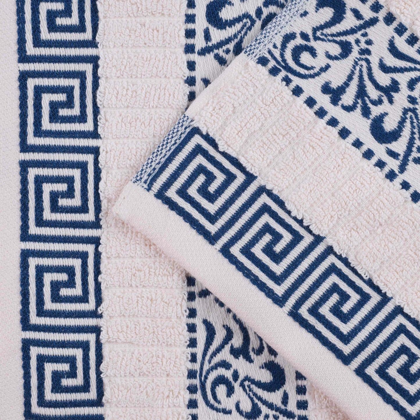 Athens Cotton Medium Weight Floral Greek Key Trim 6 Piece Towel Set - Ivory-NavyBlue