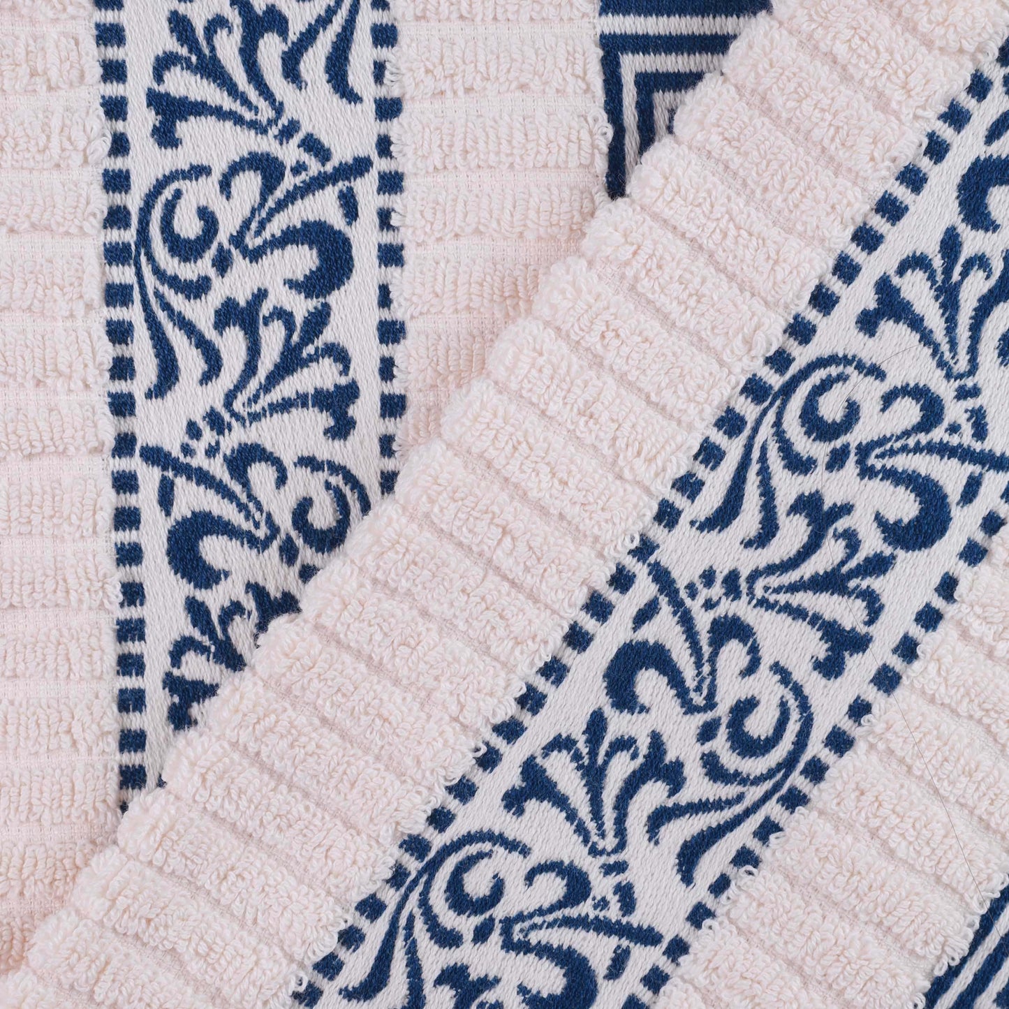 Athens Cotton Medium Weight Floral Greek Key Trim 6 Piece Towel Set - Ivory-NavyBlue